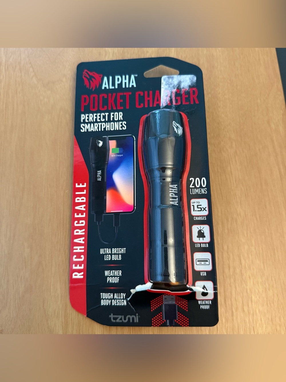 Tzumi Alpha Portable Cell Phone Pocket Charger/ Flashlight 2000mAh, 200 Lumens